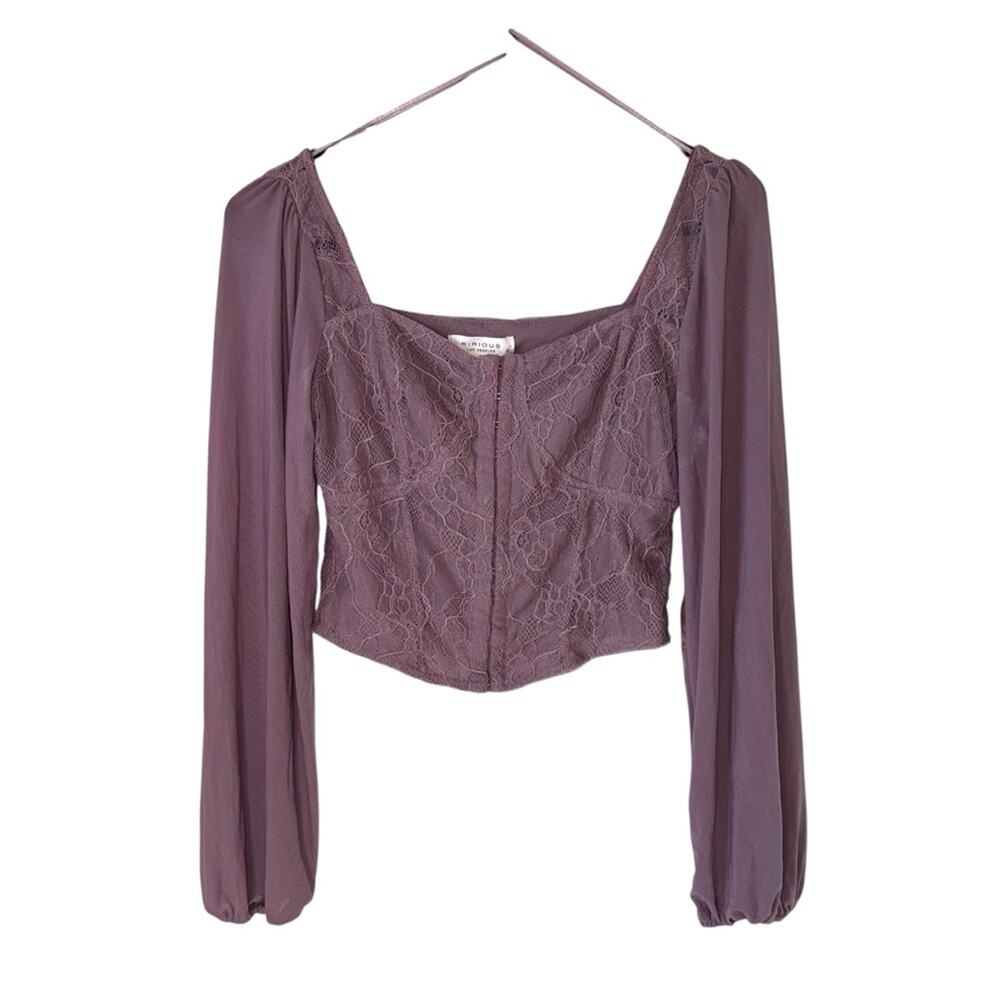 Kirious Lavender Purple Cropped Lace Mesh Net Sleeves Halter Top Size small